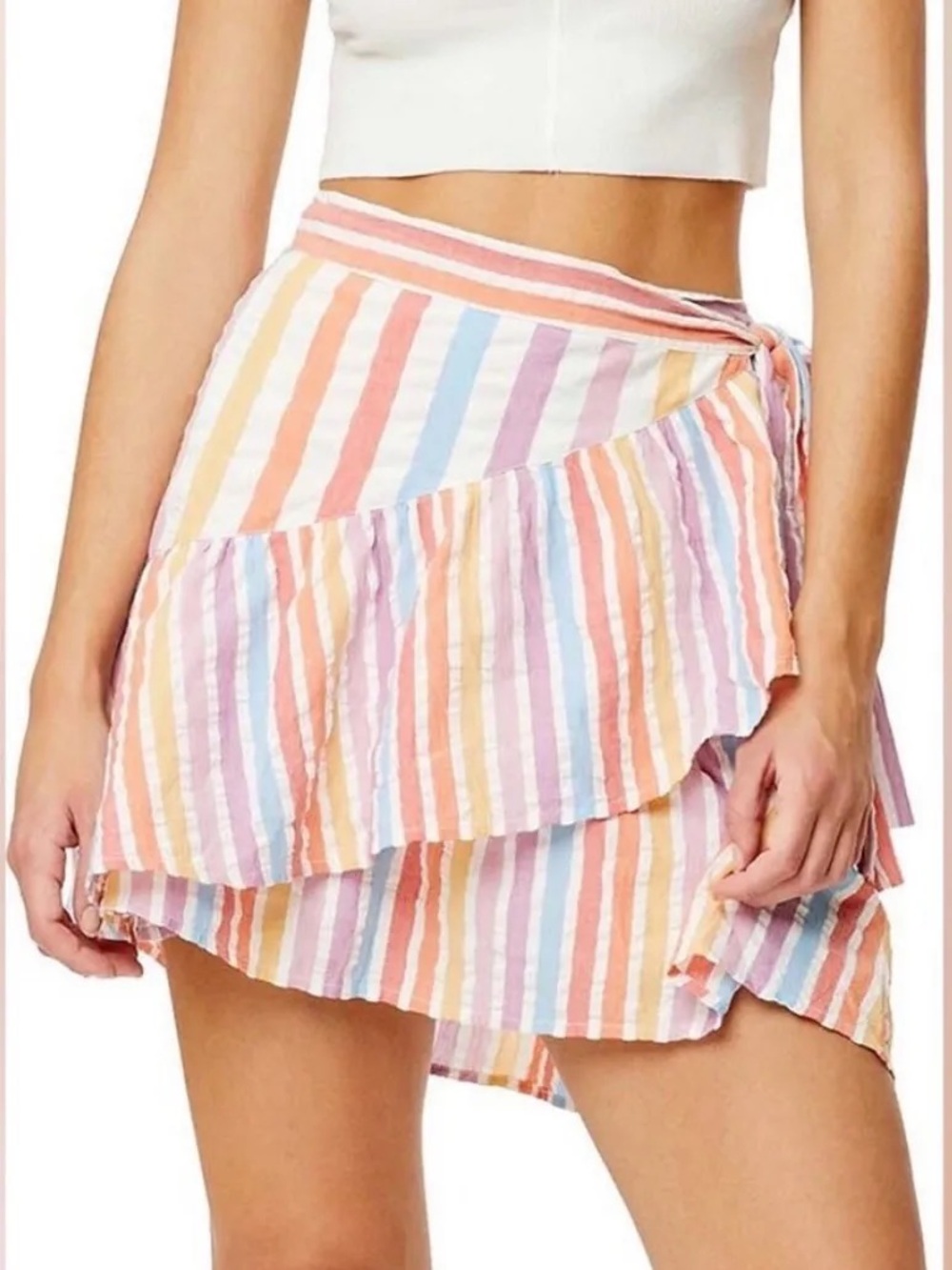 Roller Rabbit Mary Ruffle Wrap Cotton Mini Skirt | Pastel Rainbow Stripe | M